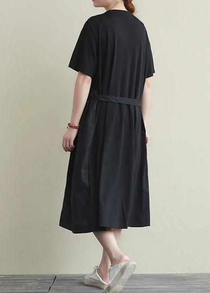 Natural o neck patchwork summer top Outfits black long Dress - SooLinen