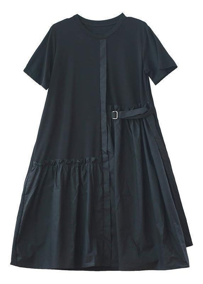 Natural o neck patchwork summer top Outfits black long Dress - SooLinen