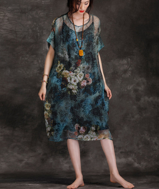 Natürliche Chiffon-Kleider mit Rundhalsausschnitt, Plus Size Fashion Ideas, blau bedrucktes, lockeres Sommerkleid