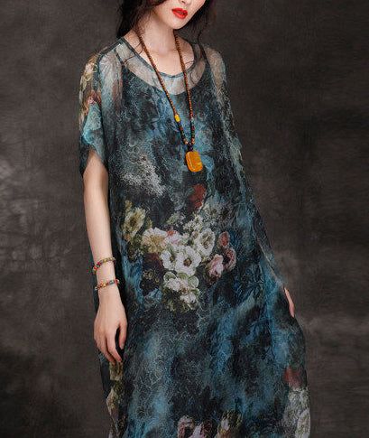 Natürliche Chiffon-Kleider mit Rundhalsausschnitt, Plus Size Fashion Ideas, blau bedrucktes, lockeres Sommerkleid