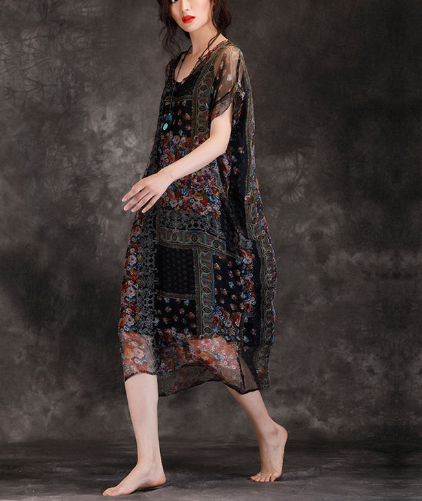 Natürliche Chiffon-Kleider mit Rundhalsausschnitt, Plus Size Fashion Ideas, blau bedrucktes, lockeres Sommerkleid
