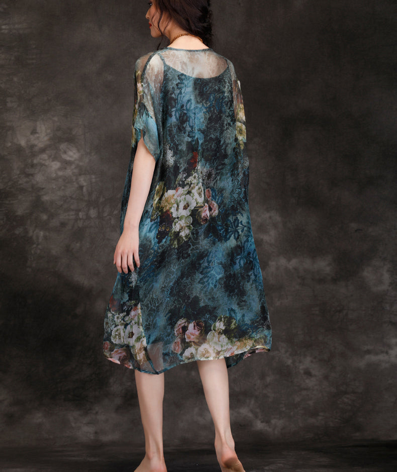 Natürliche Chiffon-Kleider mit Rundhalsausschnitt, Plus Size Fashion Ideas, blau bedrucktes, lockeres Sommerkleid