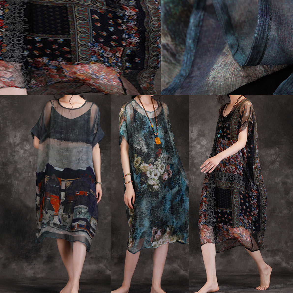 Natürliche Chiffon-Kleider mit Rundhalsausschnitt, Plus Size Fashion Ideas, blau bedrucktes, lockeres Sommerkleid