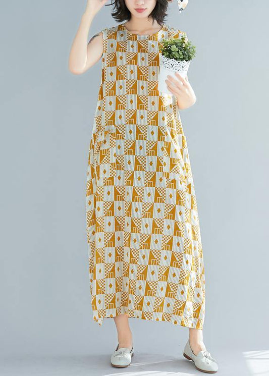 Natural o neck sleeveless cotton summer clothes Women yellow Geometric Kaftan Dresses - SooLinen