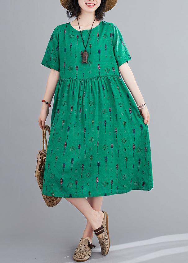 Natural o neck summer Sewing green print long Dress - SooLinen