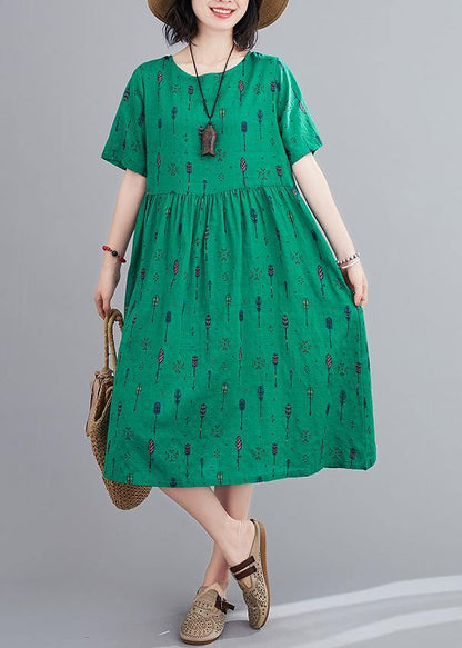Natural o neck summer Sewing green print long Dress - SooLinen