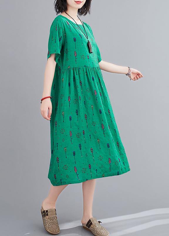 Natural o neck summer Sewing green print long Dress - SooLinen