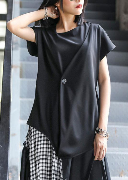 Natural o neck tie waist Blouse Neckline black shirt - SooLinen