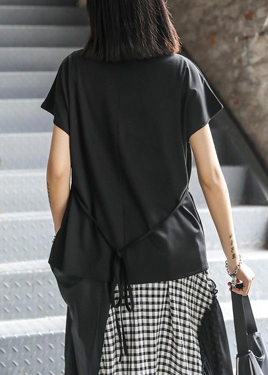 Natural o neck tie waist Blouse Neckline black shirt - SooLinen