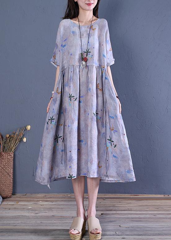 Natural o neck tie waist linen clothes For Women Fabrics gray print Dresses - SooLinen