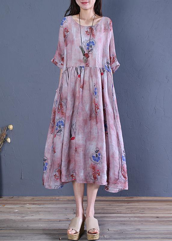 Natural o neck tie waist linen clothes For Women Fabrics gray print Dresses - SooLinen