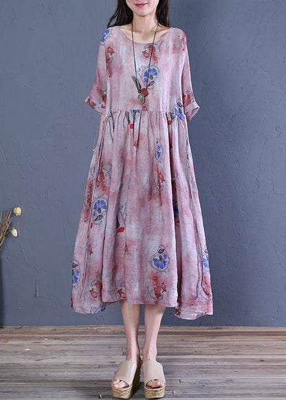 Natural o neck tie waist linen clothes For Women Fabrics gray print Dresses - SooLinen