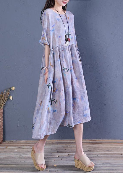 Natural o neck tie waist linen clothes For Women Fabrics gray print Dresses - SooLinen