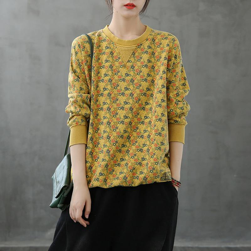Natural o neck top Cotton yellow Plant printing shirt - SooLinen