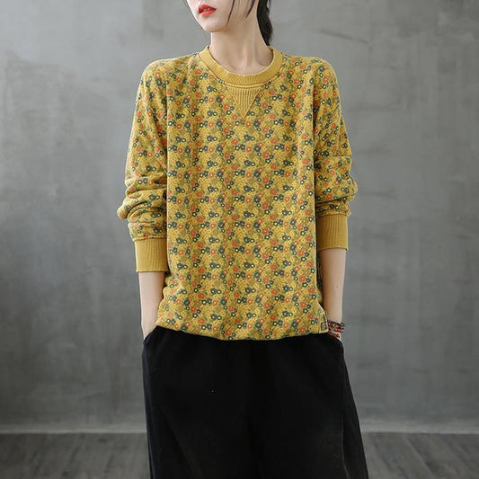 Natural o neck top Cotton yellow Plant printing shirt - SooLinen