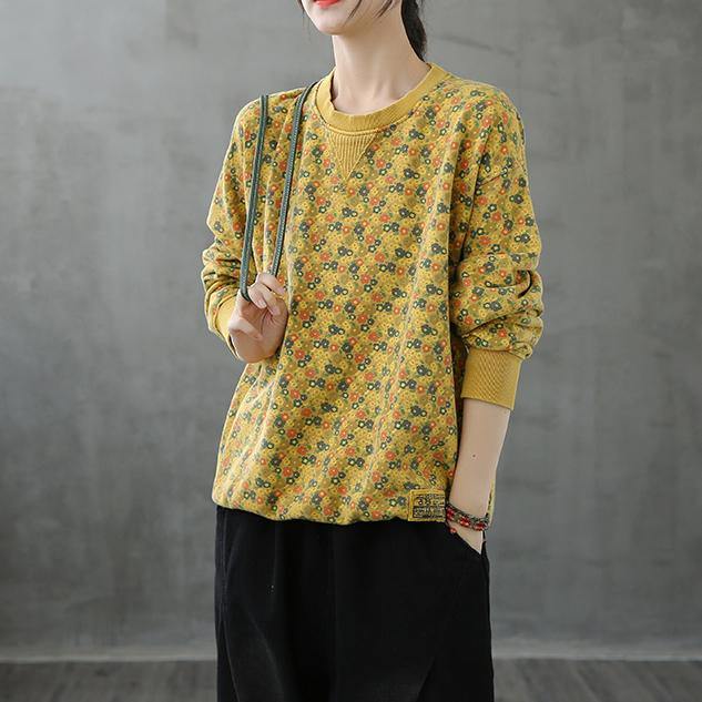 Natural o neck top Cotton yellow Plant printing shirt - SooLinen