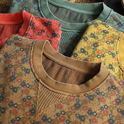 Natural o neck top Cotton yellow Plant printing shirt - SooLinen