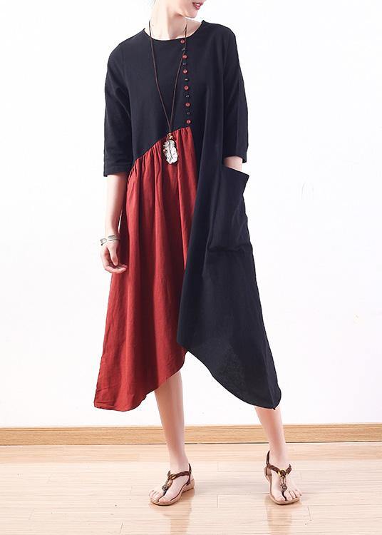 Natural patchwork cotton dresses Wardrobes black bracelet sleeved Plus Size Dress summer - SooLinen