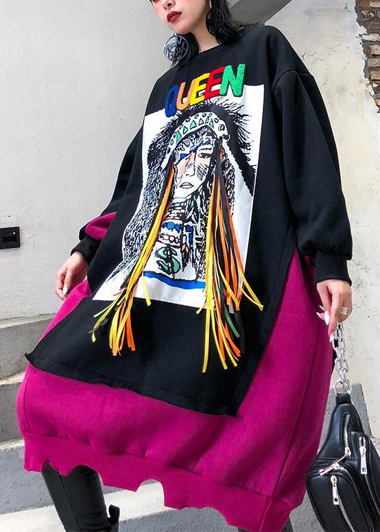 Natural patchwork cotton winter Tunic Fashion Ideas black Cartoon print Dresses - SooLinen