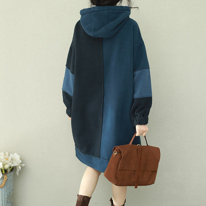 Natürliche Patchwork-Kapuzen-Steppkleider aus Baumwolle 2019, blaues Midikleid