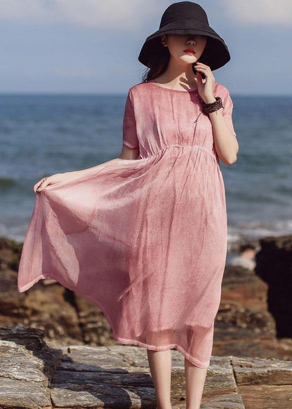 Natural pink cotton quilting clothes short sleeve loose summer Dress - SooLinen