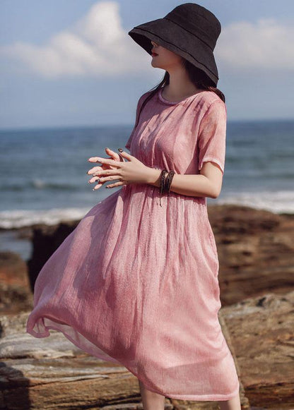 Natural pink cotton quilting clothes short sleeve loose summer Dress - SooLinen