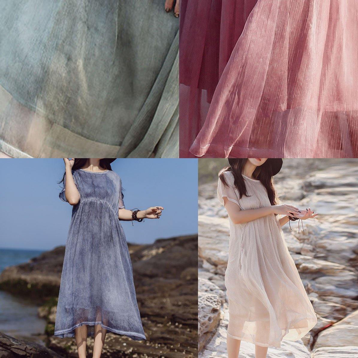 Natural pink cotton quilting clothes short sleeve loose summer Dress - SooLinen