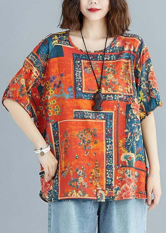 Natural prints cotton tunic pattern o neck short sleeve linen daily summer blouse - SooLinen