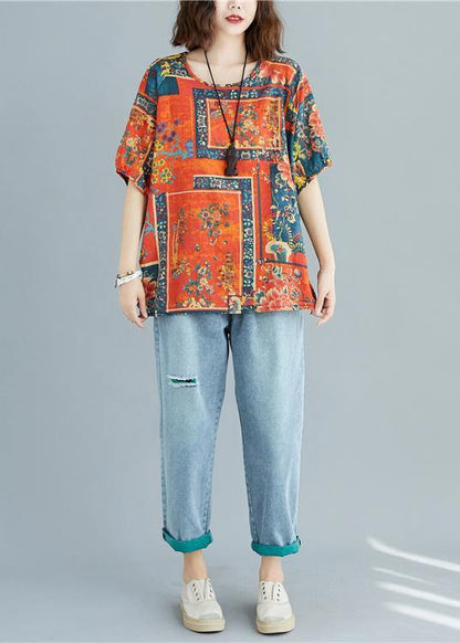 Natural prints cotton tunic pattern o neck short sleeve linen daily summer blouse - SooLinen