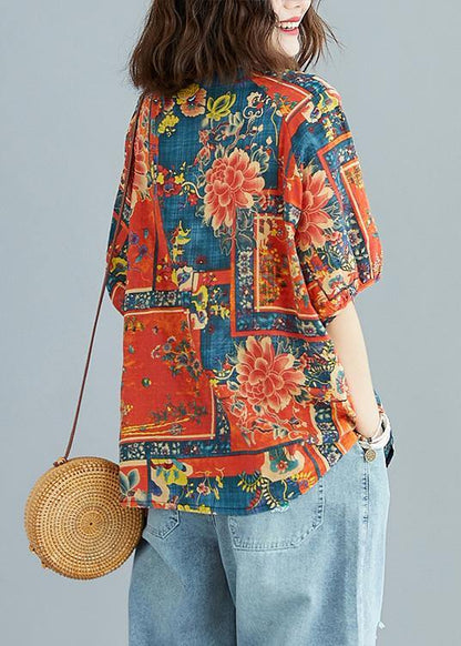 Natural prints cotton tunic pattern o neck short sleeve linen daily summer blouse - SooLinen