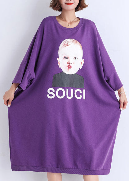 Natürlicher lila Druck Baumwollkleidung Damen Vintage Nähen O-Ausschnitt Baumwolle Sommerkleid