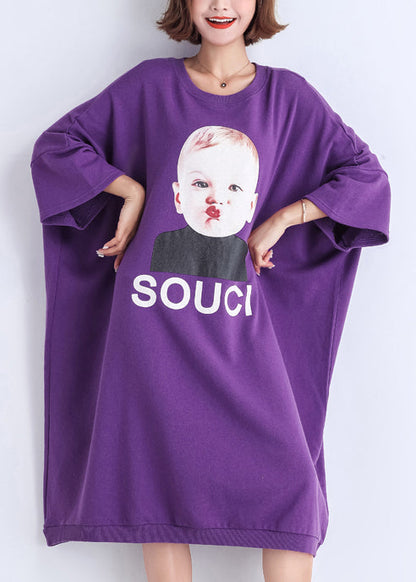 Natürlicher lila Druck Baumwollkleidung Damen Vintage Nähen O-Ausschnitt Baumwolle Sommerkleid