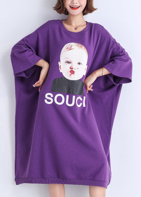 Natürlicher lila Druck Baumwollkleidung Damen Vintage Nähen O-Ausschnitt Baumwolle Sommerkleid