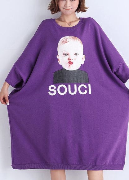 Natürlicher lila Druck Baumwollkleidung Damen Vintage Nähen O-Ausschnitt Baumwolle Sommerkleid