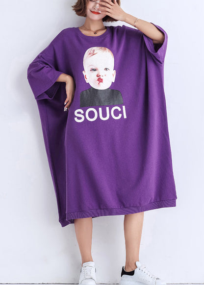 Natürlicher lila Druck Baumwollkleidung Damen Vintage Nähen O-Ausschnitt Baumwolle Sommerkleid