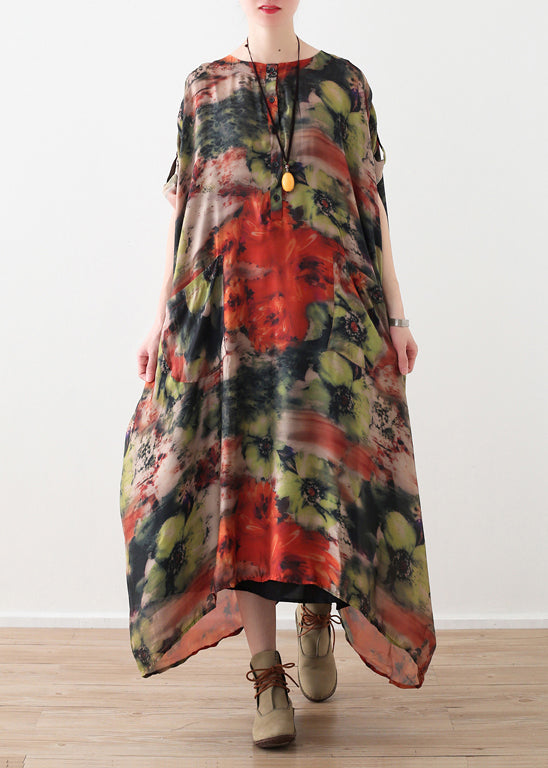 Natural red floral silk Robes 2019 Shirts o neck long summer Dresses