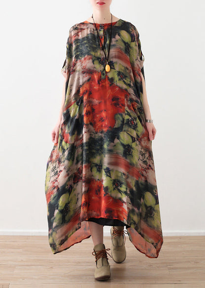 Natural red floral silk Robes 2019 Shirts o neck long summer Dresses