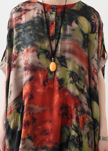 Natural red floral silk Robes 2019 Shirts o neck long summer Dresses