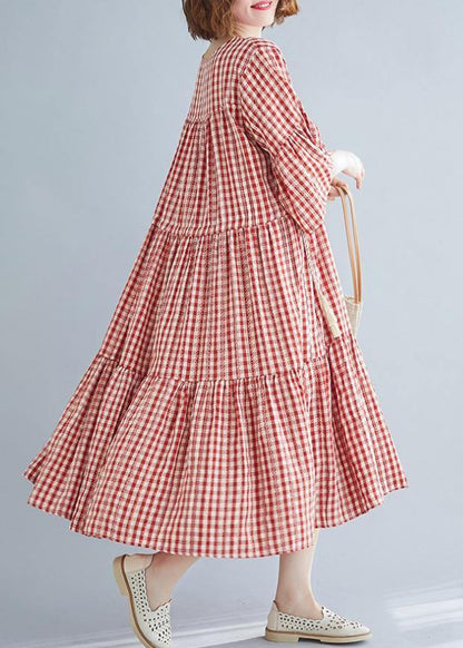 Natural red plaid cotton Long Shirts v neck Cinched Robe summer Dresses - SooLinen