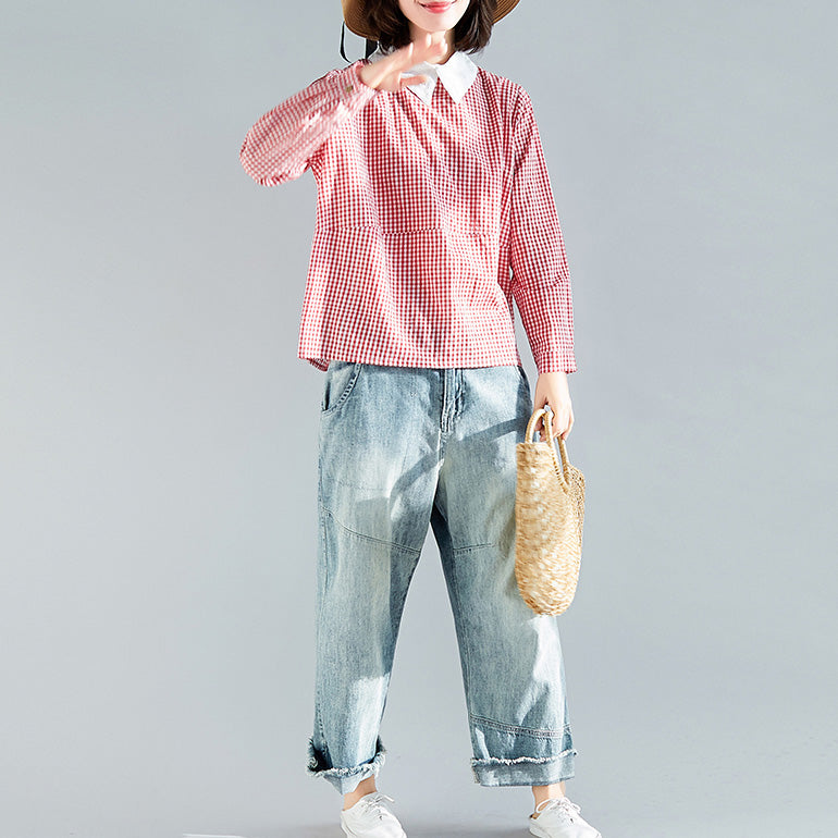 Natürliche rot karierte Baumwolltop-Silhouette 2019 Arbeitsoutfits Reverskragen Übergrößenkleidung Pulloverbluse