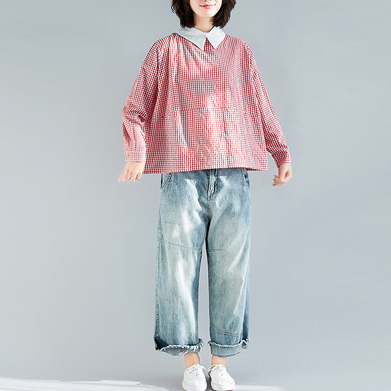 Natürliche rot karierte Baumwolltop-Silhouette 2019 Arbeitsoutfits Reverskragen Übergrößenkleidung Pulloverbluse