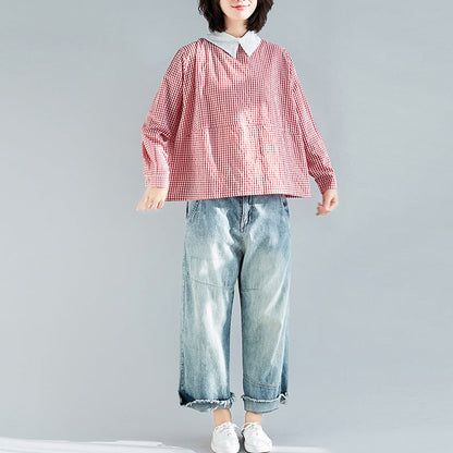 Natürliche rot karierte Baumwolltop-Silhouette 2019 Arbeitsoutfits Reverskragen Übergrößenkleidung Pulloverbluse