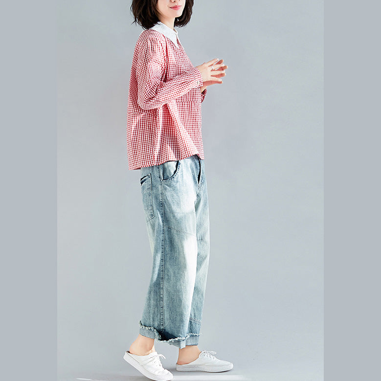 Natürliche rot karierte Baumwolltop-Silhouette 2019 Arbeitsoutfits Reverskragen Übergrößenkleidung Pulloverbluse