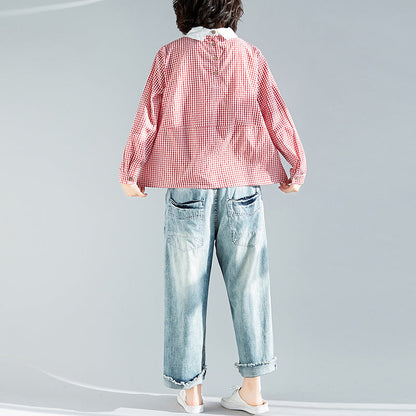 Natürliche rot karierte Baumwolltop-Silhouette 2019 Arbeitsoutfits Reverskragen Übergrößenkleidung Pulloverbluse