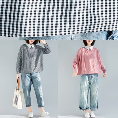 Natürliche rot karierte Baumwolltop-Silhouette 2019 Arbeitsoutfits Reverskragen Übergrößenkleidung Pulloverbluse