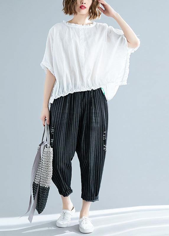 Natural ruffles cotton Long Shirts Tunic Tops white top summer - SooLinen