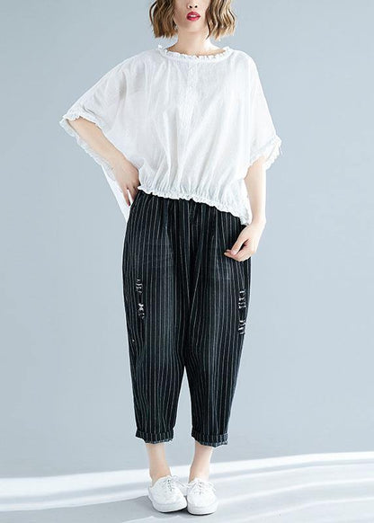 Natural ruffles cotton Long Shirts Tunic Tops white top summer - SooLinen