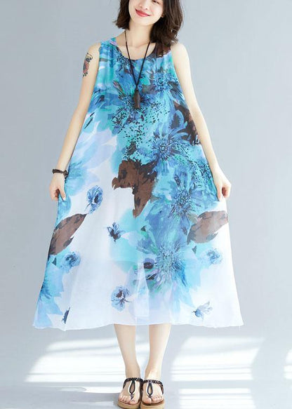 Natural sleeveless cotton Tunics Wardrobes blue prints long Dresses summer - SooLinen