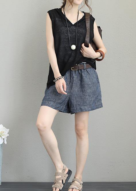Natural sleeveless cotton clothes For Women hooded oversized black blouses - SooLinen