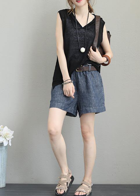 Natural sleeveless cotton clothes For Women hooded oversized black blouses - SooLinen